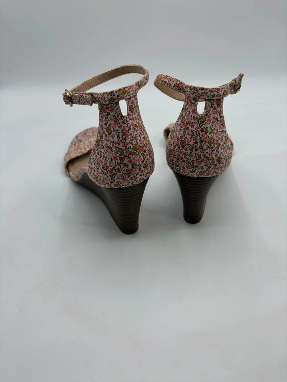 Floral Pink Ankle-Strap Wedge Sandals Size 8